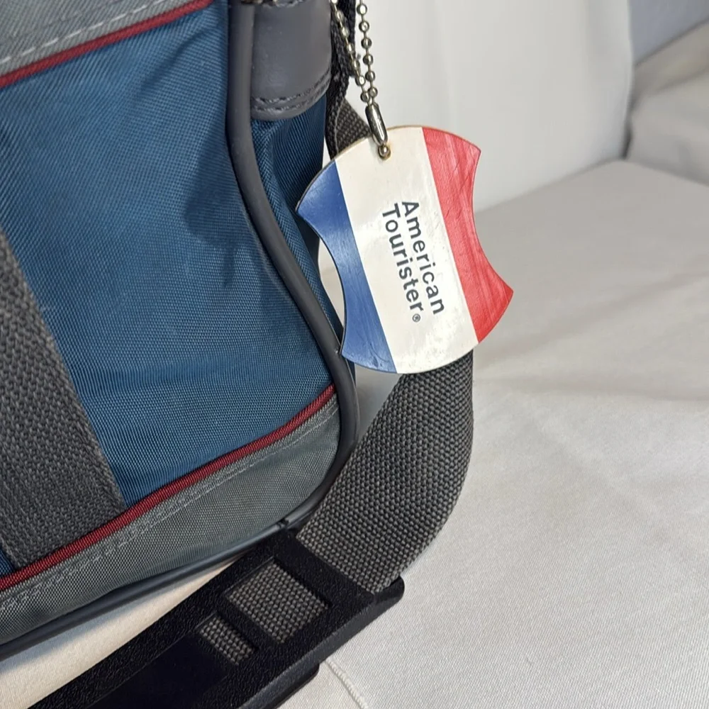 American Tourister Blue Canvas Carry On Bag Shoulder Strap Luggage Tag Footed